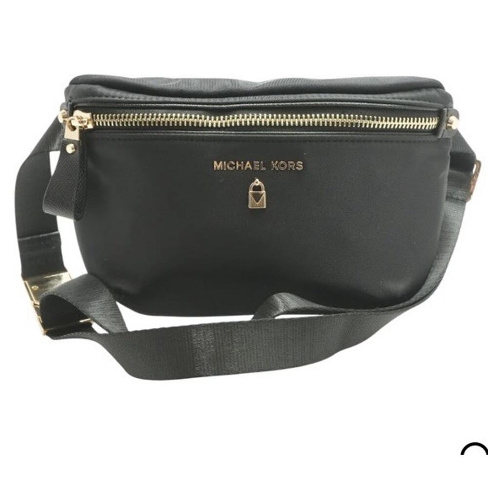 Michael Kors Black Belt Bag Fanny Pack Adjustable Strap Logo Accent Women Gold